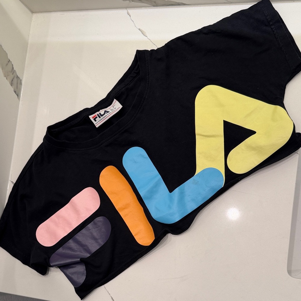 Fila Womens Black Crop Top Short Sleeve Multi Color Logo Graphic Tee Size S